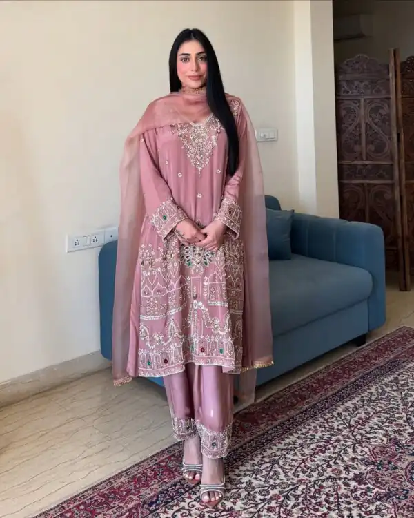 Peach French Crape Lace Embroidery Work Salwar Suit - Image 2