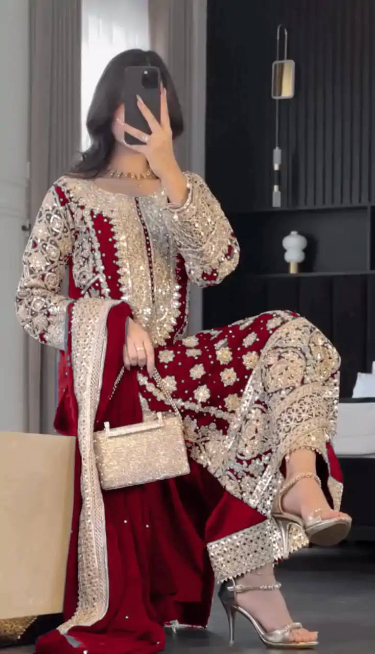 SR 1654 Maroon in Faux Georgette With Heavy Embroidery Sequence Work Wedding, Party, Festive, Events Special 4-6 Working Days At 2599/- Only | Jump Suits, Salwar suit, Casual Suits, Creative suits, Designer Suits, Palazzo Suits, Party Wear Suits, Patiala Suits, Straight Suits