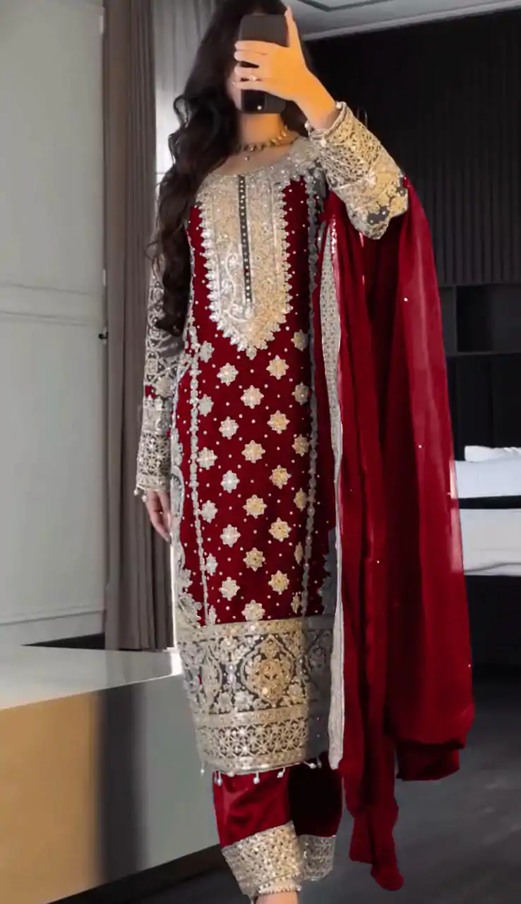 SR 1654 Maroon in Faux Georgette With Heavy Embroidery Sequence Work Wedding, Party, Festive, Events Special 4-6 Working Days At 2599/- Only | Jump Suits, Salwar suit, Casual Suits, Creative suits, Designer Suits, Palazzo Suits, Party Wear Suits, Patiala Suits, Straight Suits