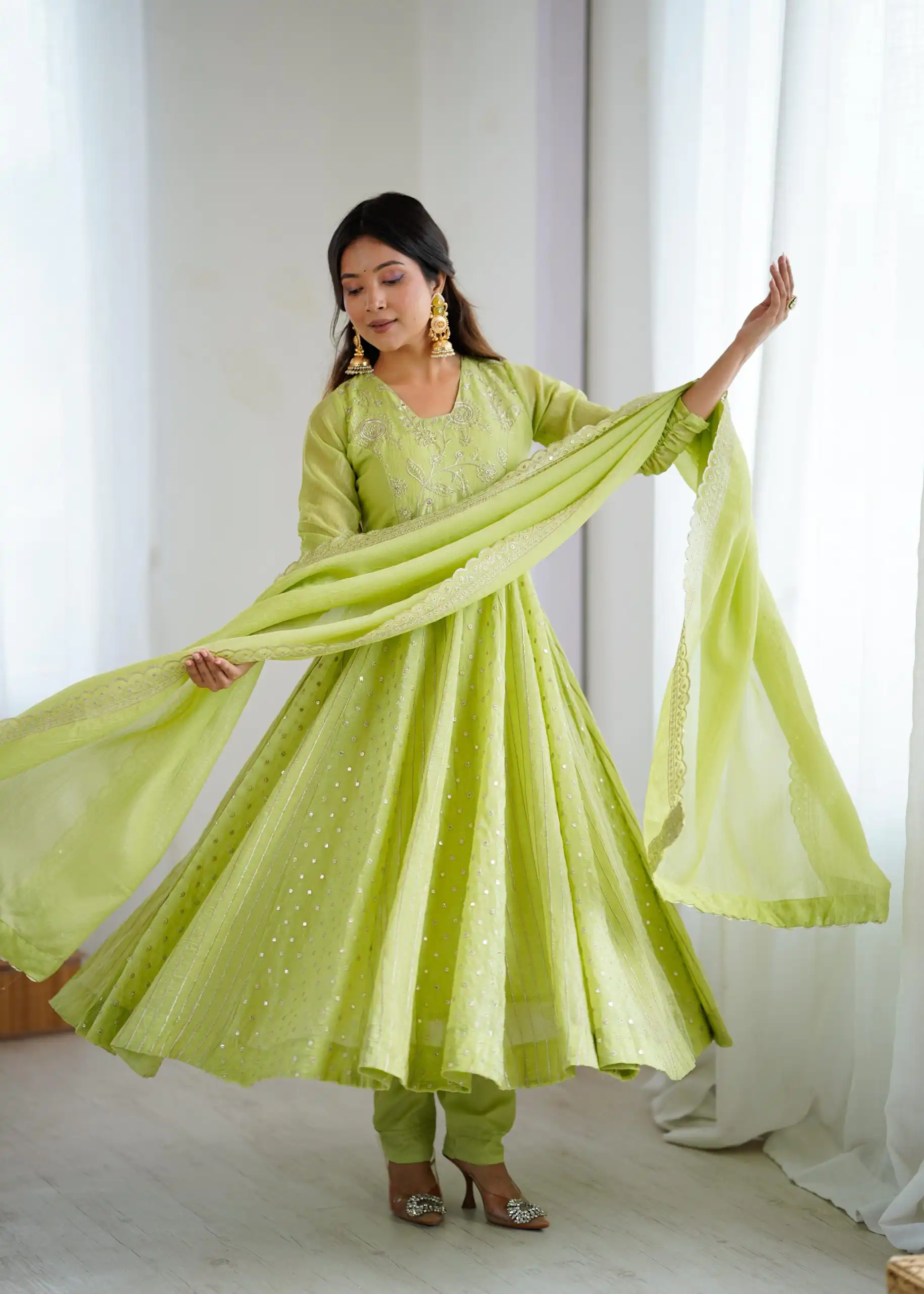 SRK 5293 Pista With Crunchy Silk With Fully Flair with Lace Work & Embroidery Work Anarkali Gown . Introductory Price ₹2149. Delivery 4-6 Worki | Gowns, Bollywood Gowns, Creative Gowns, Designer Gowns, Embroidered Gowns, Party Wear Gowns