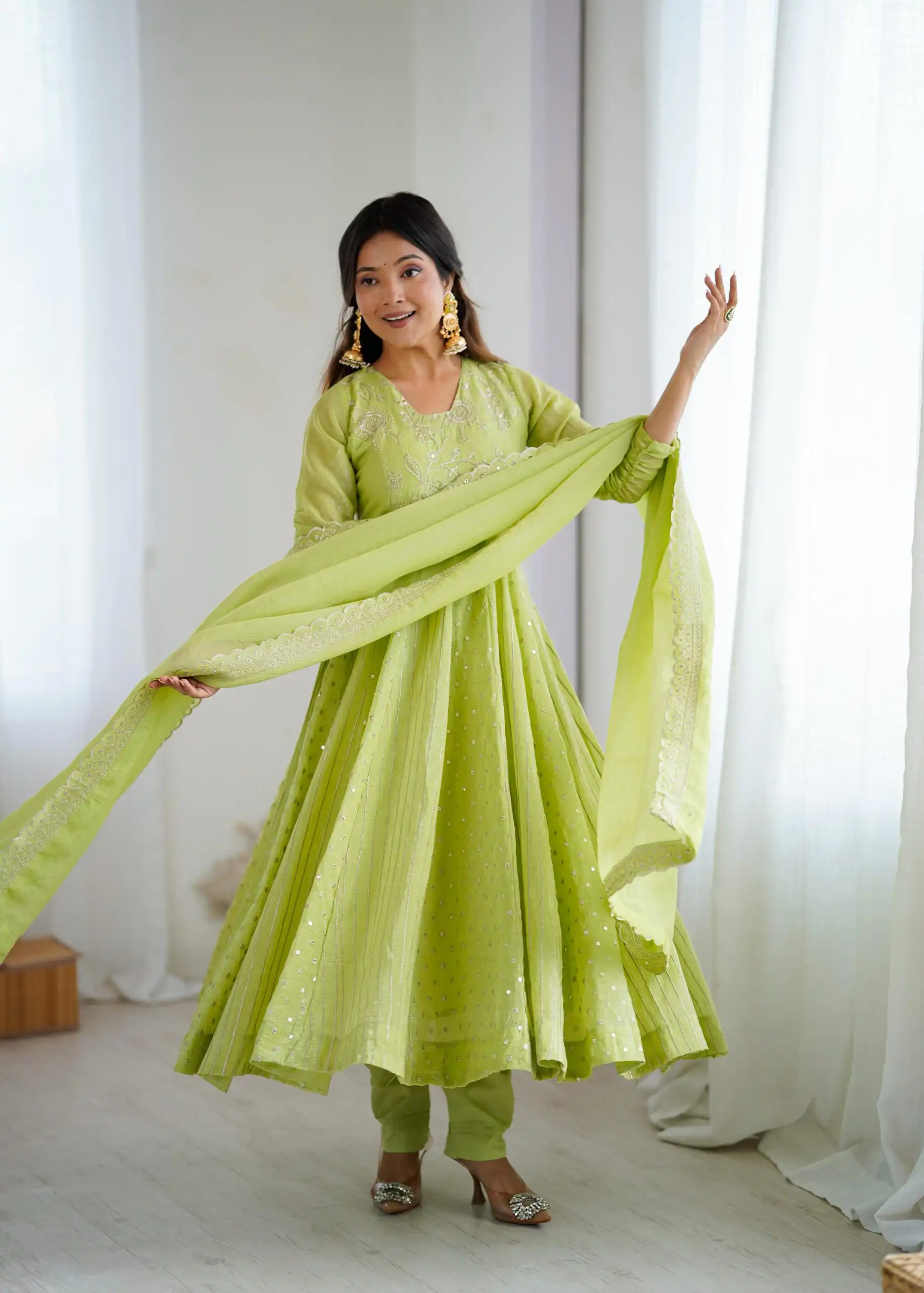 SRK 5293 Pista With Crunchy Silk With Fully Flair with Lace Work & Embroidery Work Anarkali Gown . Introductory Price ₹2149. Delivery 4-6 Worki | Gowns, Bollywood Gowns, Creative Gowns, Designer Gowns, Embroidered Gowns, Party Wear Gowns