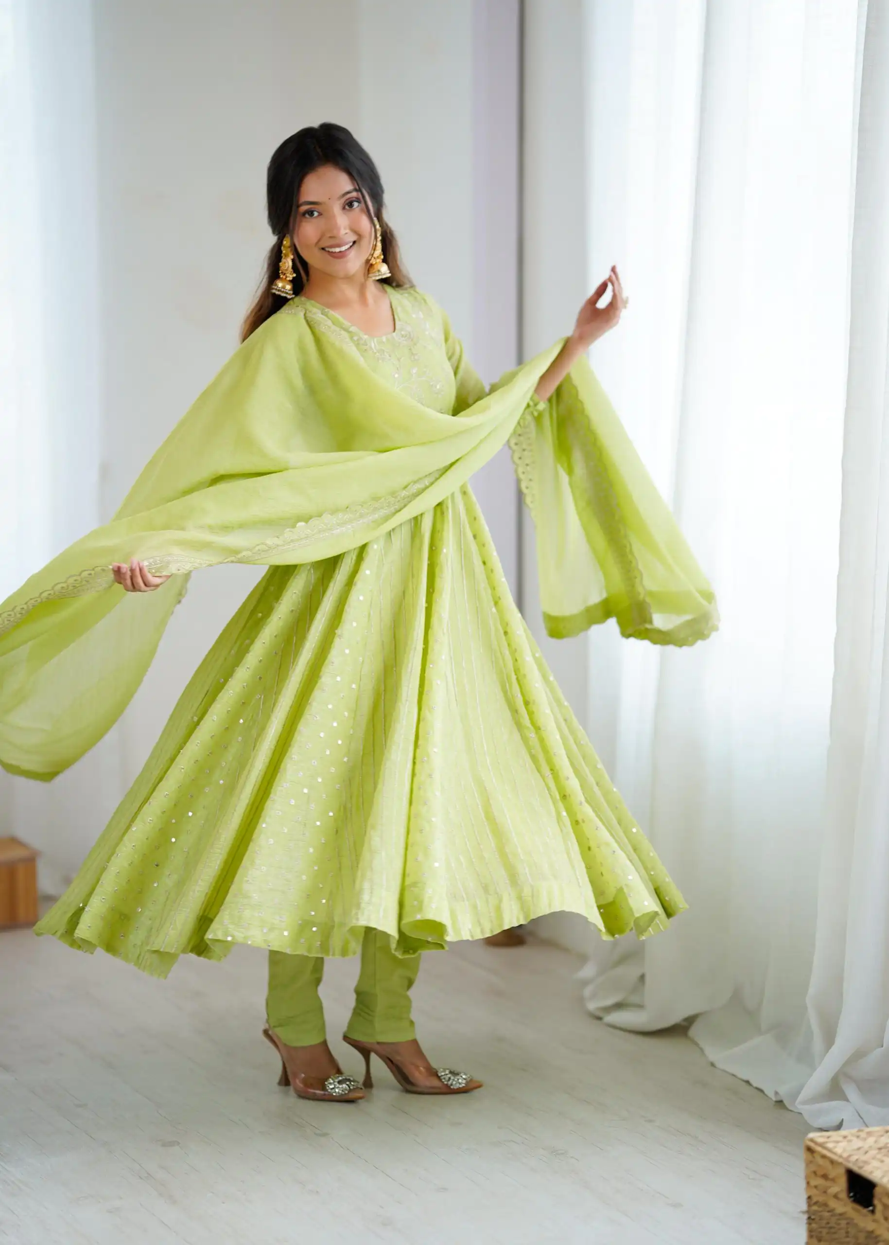 SRK 5293 Pista With Crunchy Silk With Fully Flair with Lace Work & Embroidery Work Anarkali Gown . Introductory Price ₹2149. Delivery 4-6 Worki | Gowns, Bollywood Gowns, Creative Gowns, Designer Gowns, Embroidered Gowns, Party Wear Gowns