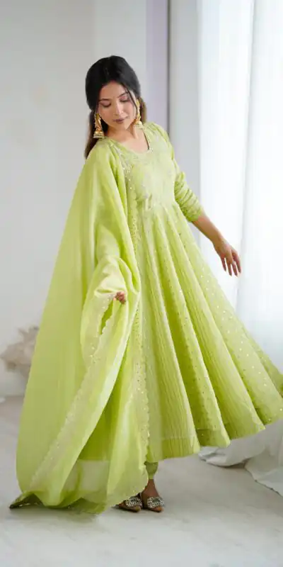 SRK 5293 Pista With Crunchy Silk With Fully Flair with Lace Work & Embroidery Work Anarkali Gown . Introductory Price ₹2149. Delivery 4-6 Worki | Gowns, Bollywood Gowns, Creative Gowns, Designer Gowns, Embroidered Gowns, Party Wear Gowns