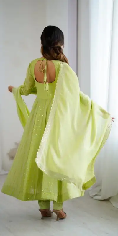 SRK 5293 Pista With Crunchy Silk With Fully Flair with Lace Work & Embroidery Work Anarkali Gown . Introductory Price ₹2149. Delivery 4-6 Worki | Gowns, Bollywood Gowns, Creative Gowns, Designer Gowns, Embroidered Gowns, Party Wear Gowns