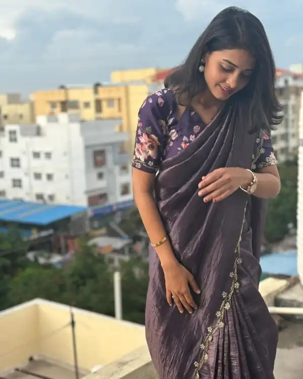 Purple Gold Crush Lace Border Work Saree - Image 7