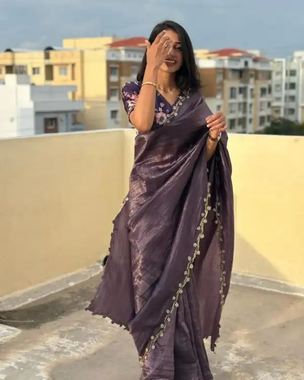 Purple Gold Crush Lace Border Work Saree - Image 6