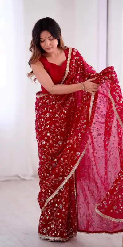 SRK 5296 Red Crunchy Silk Lace Work & Embroidery Work Saree in . Special Price ₹1799. Delivery 4-6 Working Days. Shop now. | Sarees, Bollywood Sarees, Creative Sarees, Designer Sarees, Embroidered Sarees, Ethnic Saree, Modern Digital sarees, Party Wear Sarees