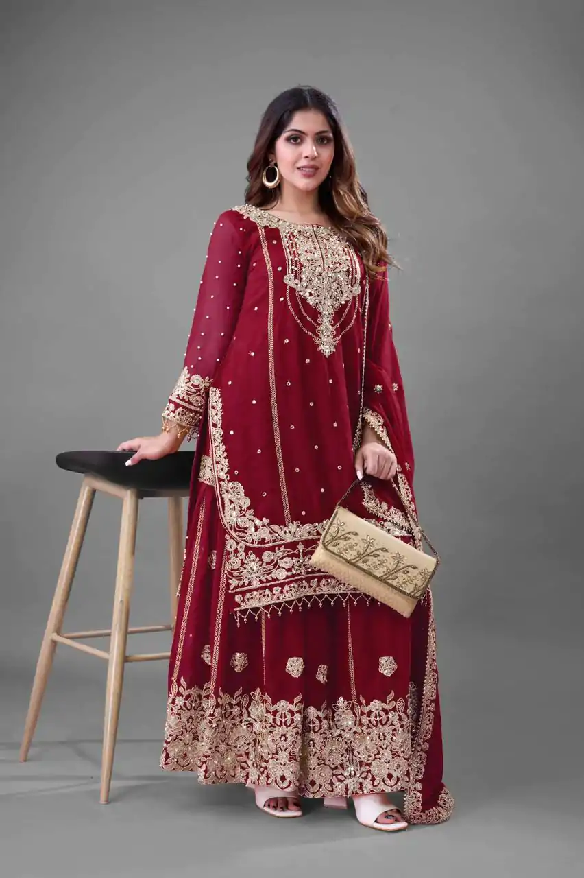 SR 1688 Red Heavy Faux Georgette With Heavy Embroidery Wedding, Party, Festive, Events, Navratri Garba, Reception, Haldi, 4-6 Working Days At 1949 Only | Jump Suits, Salwar suit, Casual Suits, Creative suits, Designer Suits, Palazzo Suits, Party Wear Suits, Patiala Suits, Straight Suits
