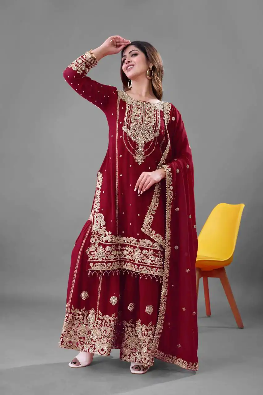 SR 1688 Red Heavy Faux Georgette With Heavy Embroidery Wedding, Party, Festive, Events, Navratri Garba, Reception, Haldi, 4-6 Working Days At 1949 Only | Jump Suits, Salwar suit, Casual Suits, Creative suits, Designer Suits, Palazzo Suits, Party Wear Suits, Patiala Suits, Straight Suits