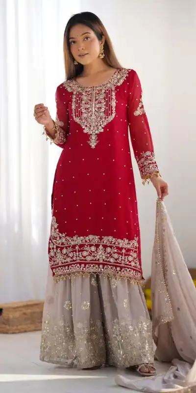 SR 1676 Red Heavy Faux Georgette With Heavy Embroidery Perfect for Wedding, Party, Ethnic Day, Reception, Diwali 4-6 Working Days At 2049/- Only | Jump Suits, Salwar suit, Casual Suits, Creative suits, Designer Suits, Palazzo Suits, Party Wear Suits, Patiala Suits, Straight Suits