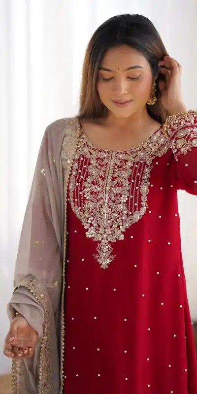 SR 1676 Red Heavy Faux Georgette With Heavy Embroidery Perfect for Wedding, Party, Ethnic Day, Reception, Diwali 4-6 Working Days At 2049/- Only | Jump Suits, Salwar suit, Casual Suits, Creative suits, Designer Suits, Palazzo Suits, Party Wear Suits, Patiala Suits, Straight Suits