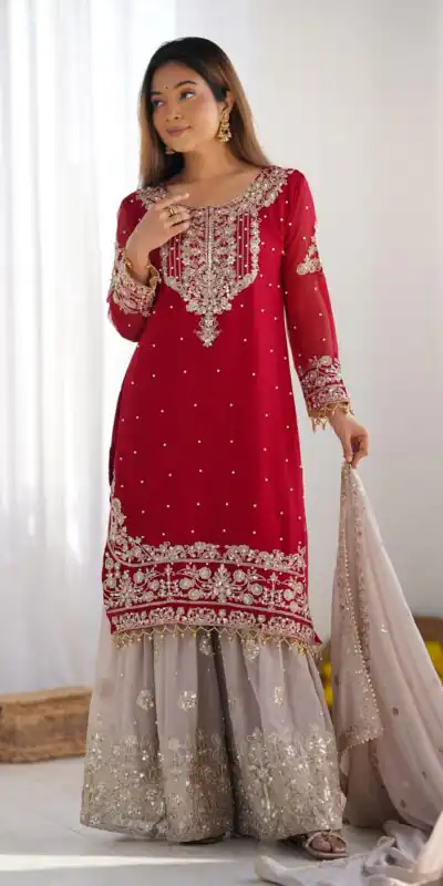 SR 1676 Red Heavy Faux Georgette With Heavy Embroidery Perfect for Wedding, Party, Ethnic Day, Reception, Diwali 4-6 Working Days At 2049/- Only | Jump Suits, Salwar suit, Casual Suits, Creative suits, Designer Suits, Palazzo Suits, Party Wear Suits, Patiala Suits, Straight Suits