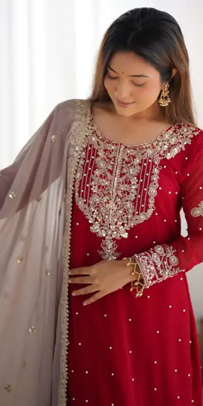 SR 1676 Red Heavy Faux Georgette With Heavy Embroidery Perfect for Wedding, Party, Ethnic Day, Reception, Diwali 4-6 Working Days At 2049/- Only | Jump Suits, Salwar suit, Casual Suits, Creative suits, Designer Suits, Palazzo Suits, Party Wear Suits, Patiala Suits, Straight Suits