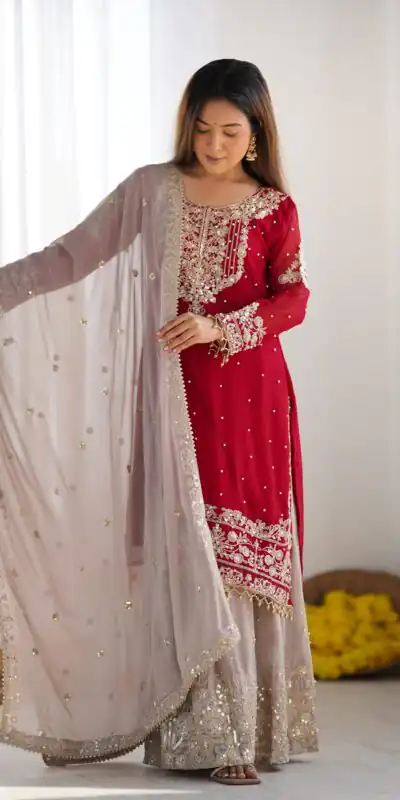 SR 1676 Red Heavy Faux Georgette With Heavy Embroidery Perfect for Wedding, Party, Ethnic Day, Reception, Diwali 4-6 Working Days At 2049/- Only | Jump Suits, Salwar suit, Casual Suits, Creative suits, Designer Suits, Palazzo Suits, Party Wear Suits, Patiala Suits, Straight Suits