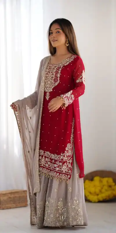 SR 1676 Red Heavy Faux Georgette With Heavy Embroidery Perfect for Wedding, Party, Ethnic Day, Reception, Diwali 4-6 Working Days At 2049/- Only | Jump Suits, Salwar suit, Casual Suits, Creative suits, Designer Suits, Palazzo Suits, Party Wear Suits, Patiala Suits, Straight Suits