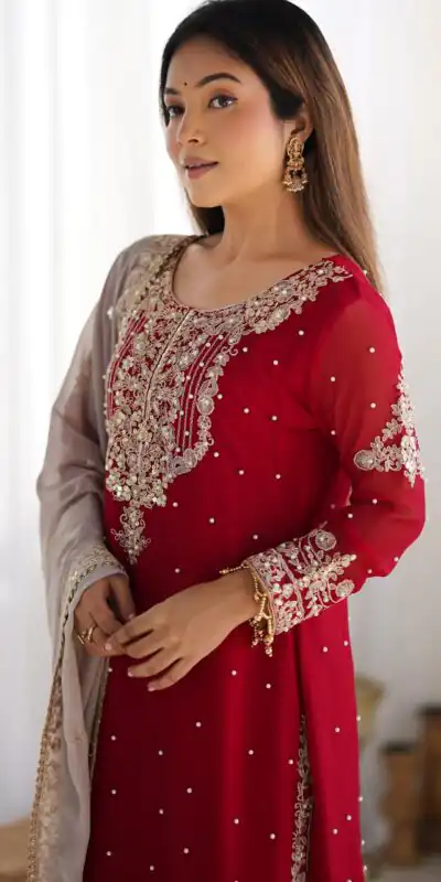 SR 1676 Red Heavy Faux Georgette With Heavy Embroidery Perfect for Wedding, Party, Ethnic Day, Reception, Diwali 4-6 Working Days At 2049/- Only | Jump Suits, Salwar suit, Casual Suits, Creative suits, Designer Suits, Palazzo Suits, Party Wear Suits, Patiala Suits, Straight Suits