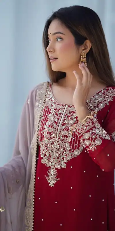 SR 1676 Red Heavy Faux Georgette With Heavy Embroidery Perfect for Wedding, Party, Ethnic Day, Reception, Diwali 4-6 Working Days At 2049/- Only | Jump Suits, Salwar suit, Casual Suits, Creative suits, Designer Suits, Palazzo Suits, Party Wear Suits, Patiala Suits, Straight Suits