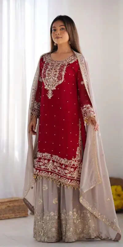 SR 1676 Red Heavy Faux Georgette With Heavy Embroidery Perfect for Wedding, Party, Ethnic Day, Reception, Diwali 4-6 Working Days At 2049/- Only | Jump Suits, Salwar suit, Casual Suits, Creative suits, Designer Suits, Palazzo Suits, Party Wear Suits, Patiala Suits, Straight Suits