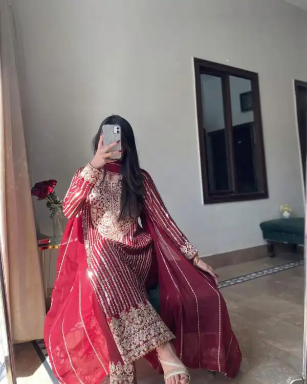 Red Faux Georgette Lace Work Salwar Suit - Image 6