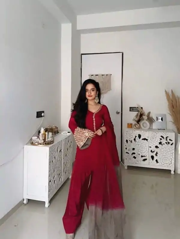 NSR 854 Red Natural Satin Silk Sequence Work with Lace Work & Embroidery Work Salwaar Suit Now at just ₹1799. Delivery 4-6 Working Days. Shop now. | Jump Suits, Salwar suit, Casual Suits, Creative suits, Designer Suits, Palazzo Suits, Party Wear Suits, Patiala Suits, Straight Suits