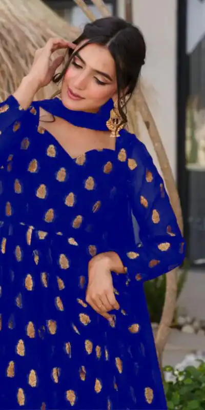 VLM 299 Royal Blue Faux Georgette With Embroidery Work Gown Perfect for Wedding, Party, Ethnic Day, Housewarming, Cultural Events At 2099/-Only | Gowns, Bollywood Gowns, Creative Gowns, Designer Gowns, Embroidered Gowns, Party Wear Gowns