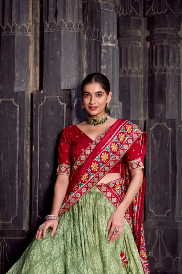 Sea Green Tasar Silk Sequins Embroidery Work Lehenga Choli - Image 3