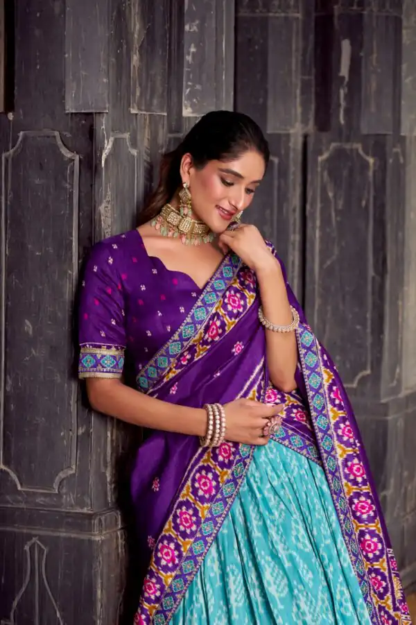 Sky Blue Tasar Silk Sequins Embroidery Work Lehenga Choli - Image 3