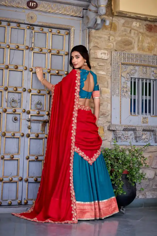 Teal Vichitra Silk Embroidery Zari Work Lehenga Choli - Image 2