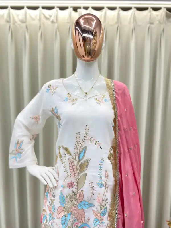 White Vichitra Silk With Embroidery Salwar Suit - Image 2