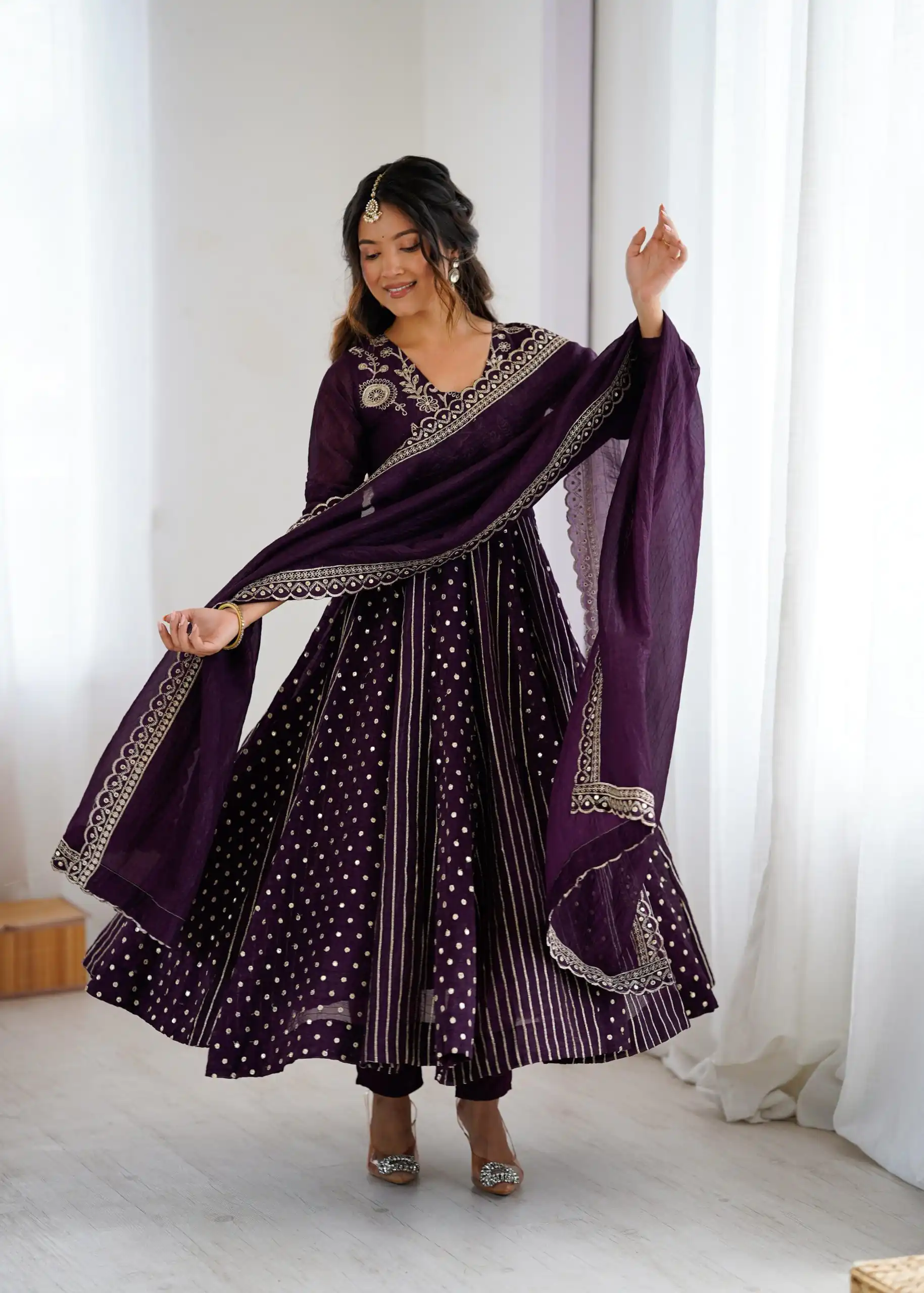 SRK 5293 Wine With Crunchy Silk With Fully Flair with Lace Work & Embroidery Work Anarkali Gown . Introductory Price ₹2149. Delivery 4-6 Worki | Gowns, Bollywood Gowns, Creative Gowns, Designer Gowns, Embroidered Gowns, Party Wear Gowns