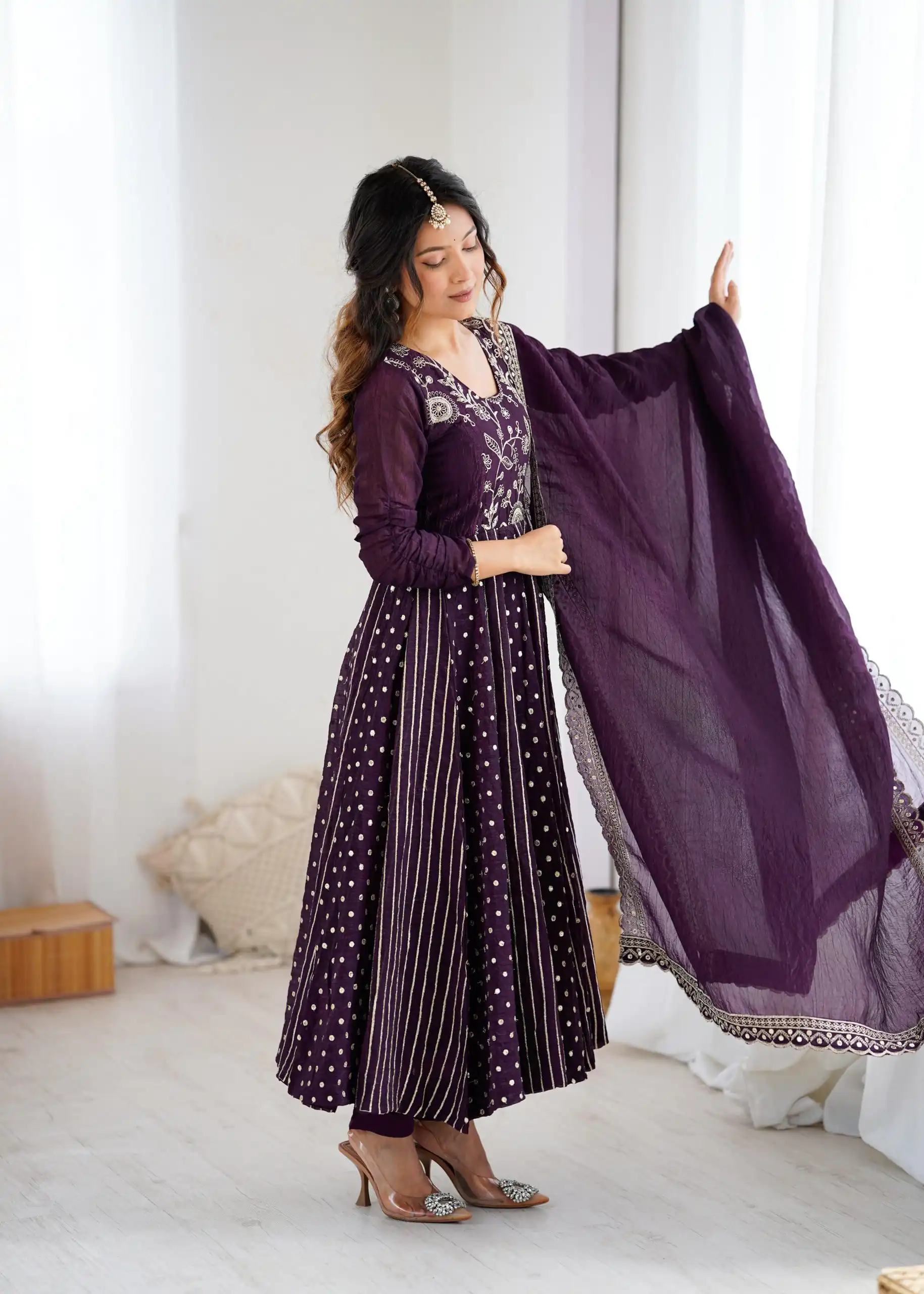 SRK 5293 Wine With Crunchy Silk With Fully Flair with Lace Work & Embroidery Work Anarkali Gown . Introductory Price ₹2149. Delivery 4-6 Worki | Gowns, Bollywood Gowns, Creative Gowns, Designer Gowns, Embroidered Gowns, Party Wear Gowns