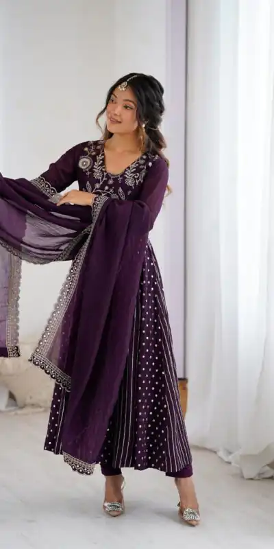 SRK 5293 Wine With Crunchy Silk With Fully Flair with Lace Work & Embroidery Work Anarkali Gown . Introductory Price ₹2149. Delivery 4-6 Worki | Gowns, Bollywood Gowns, Creative Gowns, Designer Gowns, Embroidered Gowns, Party Wear Gowns