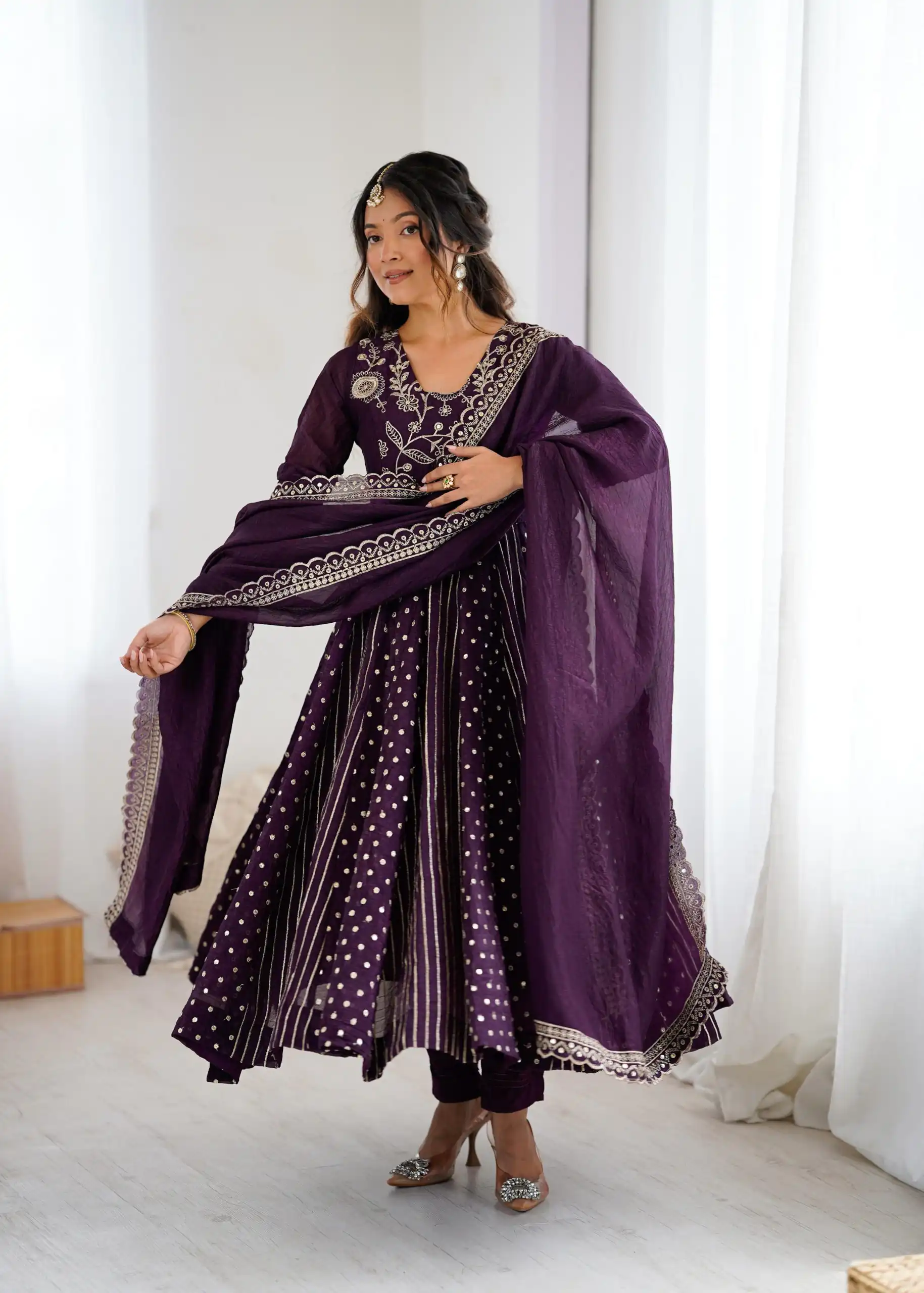 SRK 5293 Wine With Crunchy Silk With Fully Flair with Lace Work & Embroidery Work Anarkali Gown . Introductory Price ₹2149. Delivery 4-6 Worki | Gowns, Bollywood Gowns, Creative Gowns, Designer Gowns, Embroidered Gowns, Party Wear Gowns