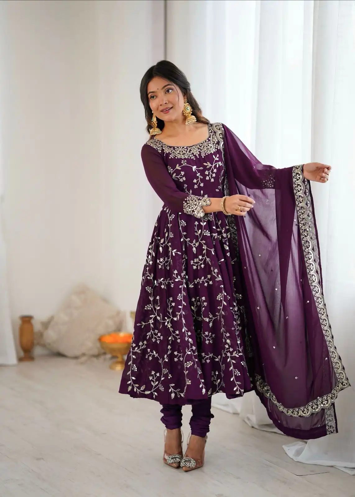 SRK 5299 Wine Georgette With Sequence Work Perfect for Wedding, Party, Lohri, Temple Visit, Ganesh Chaturthi Festive, Events, 4-6 Working Days At 2149 | Gowns, Bollywood Gowns, Creative Gowns, Designer Gowns, Embroidered Gowns, Party Wear Gowns