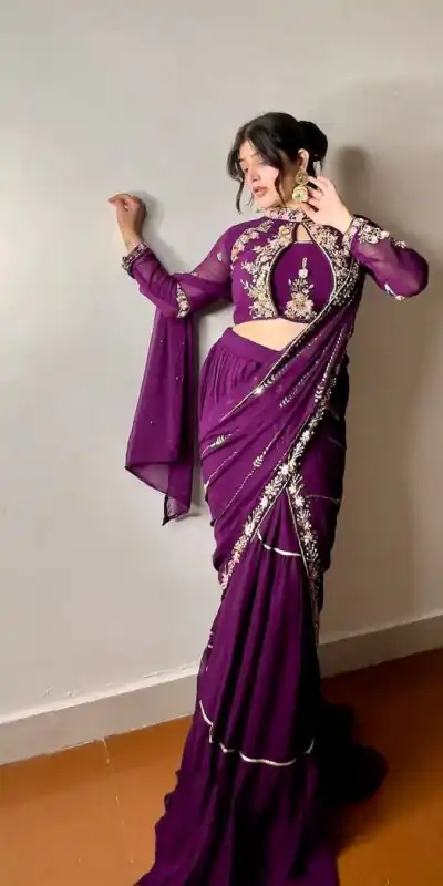 BE 280 Wine Georgette Lehenga Saree Perfect for Wedding, Party, Cultural Events, Housewarming, Ganesh Chaturthi . Affordable Price ₹2399. Delivery 4- | Lehenga, Bollywood Lehenga, Creative Lehenga, Designer Lehenga, Embroidered Lehenga, Party Wear Lehenga