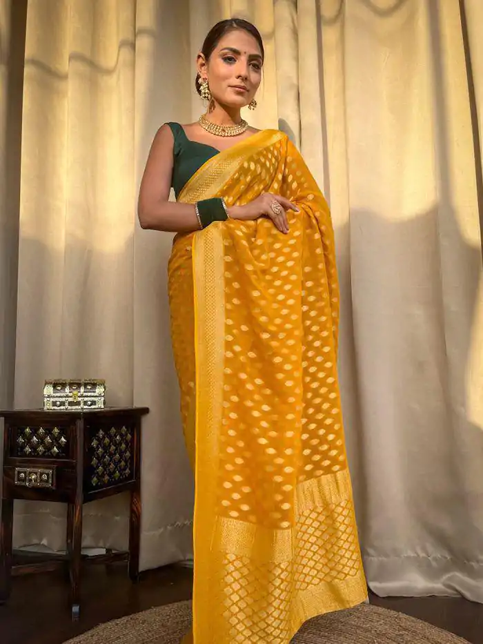 KP 5083 Yellow Soft Lichi Silk Perfect for Wedding, Party, Family Gatherings, Sangeet, Diwali Cloth. Saree. Get it for ₹1399. Delivery 4-6 Working Days. | Sarees, Bollywood Sarees, Creative Sarees, Designer Sarees, Embroidered Sarees, Ethnic Saree, Modern Digital sarees, Party Wear Sarees