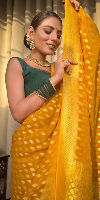 KP 5083 Yellow Soft Lichi Silk Perfect for Wedding, Party, Family Gatherings, Sangeet, Diwali Cloth. Saree. Get it for ₹1399. Delivery 4-6 Working Days. | Sarees, Bollywood Sarees, Creative Sarees, Designer Sarees, Embroidered Sarees, Ethnic Saree, Modern Digital sarees, Party Wear Sarees