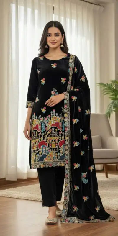 SRK 5220 Black Viscose Velvet Salwar Suit Perfect for Wedding, Party, Family Gatherings, Baby Shower, Mehendi – . Introductory Price ₹2099. Delivery 4 | Lehenga, Bollywood Lehenga, Creative Lehenga, Designer Lehenga, Embroidered Lehenga, Party Wear Lehenga