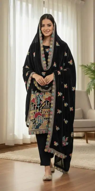 SRK 5220 Black Viscose Velvet Salwar Suit Perfect for Wedding, Party, Family Gatherings, Baby Shower, Mehendi – . Introductory Price ₹2099. Delivery 4 | Lehenga, Bollywood Lehenga, Creative Lehenga, Designer Lehenga, Embroidered Lehenga, Party Wear Lehenga
