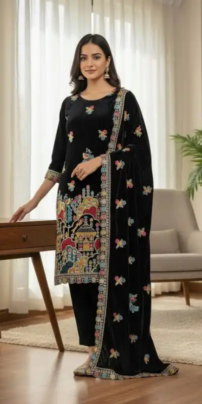 SRK 5220 Black Viscose Velvet Salwar Suit Perfect for Wedding, Party, Family Gatherings, Baby Shower, Mehendi – . Introductory Price ₹2099. Delivery 4 | Lehenga, Bollywood Lehenga, Creative Lehenga, Designer Lehenga, Embroidered Lehenga, Party Wear Lehenga