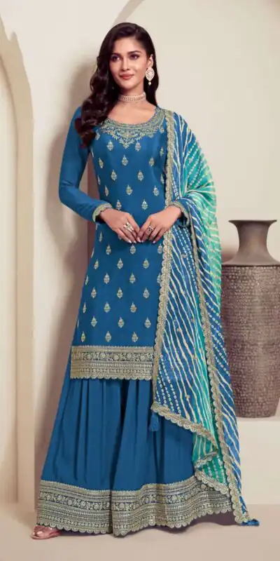 Blue Viscose Chinon With Zari Work Salwar Suit
