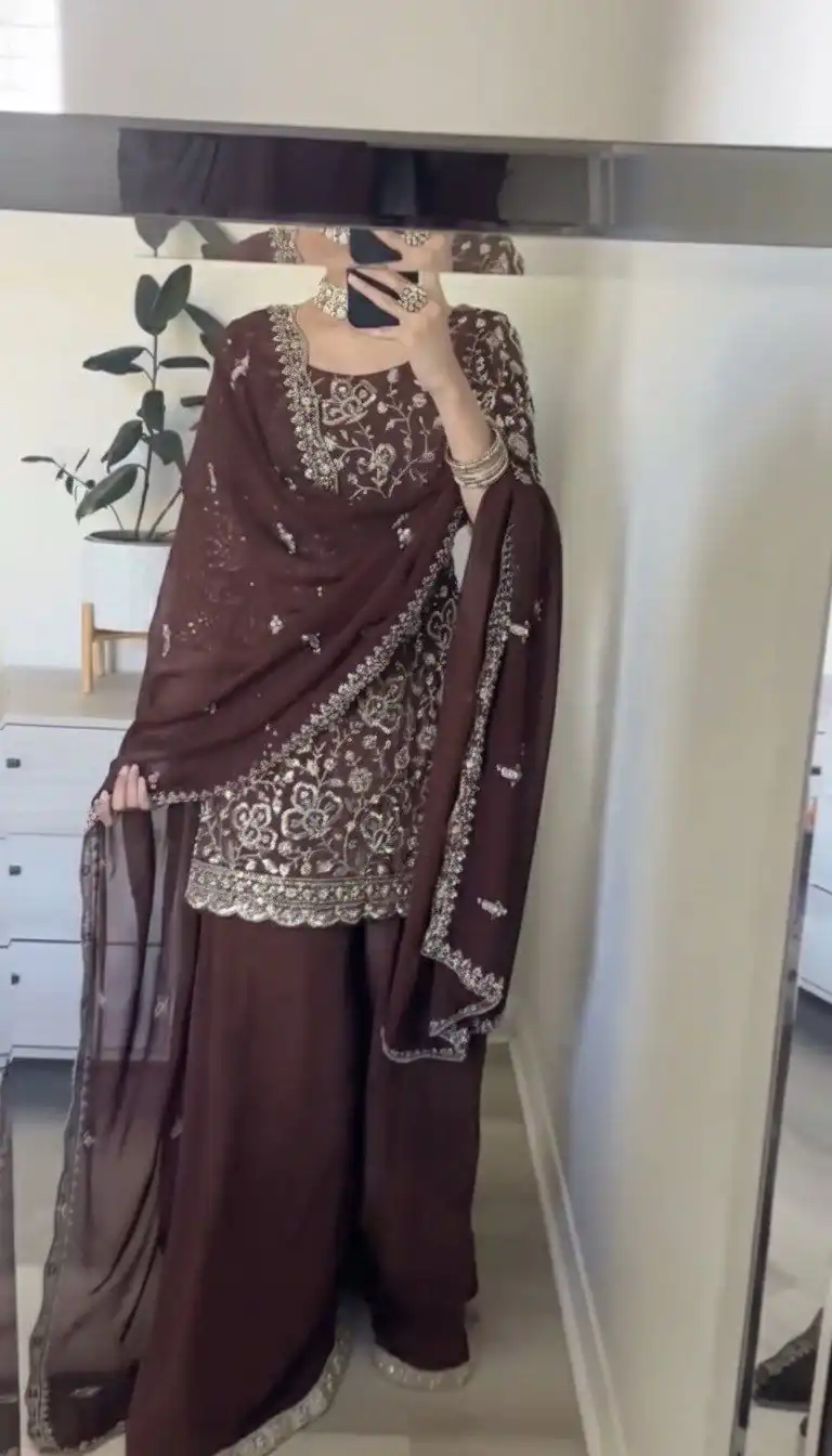 SRK 5304 Brown Heavy Faux Georgette Salwar Suit Perfect for Wedding, Party, Pooja, Makar Sankranti, Sangeet – . Affordable Price ₹1999. Delivery 4-6 W | Lehenga, Bollywood Lehenga, Creative Lehenga, Designer Lehenga, Embroidered Lehenga, Party Wear Lehenga