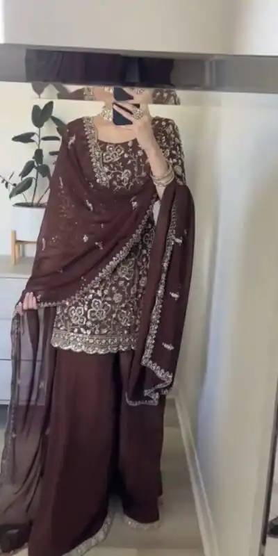 SRK 5304 Brown Heavy Faux Georgette Salwar Suit Perfect for Wedding, Party, Pooja, Makar Sankranti, Sangeet – . Affordable Price ₹1999. Delivery 4-6 W | Lehenga, Bollywood Lehenga, Creative Lehenga, Designer Lehenga, Embroidered Lehenga, Party Wear Lehenga