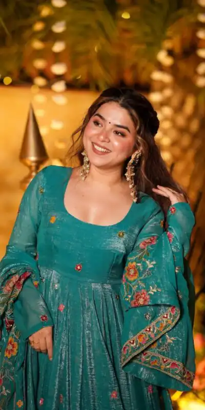 NSR 880 Firozi Crunchy Silk Gown with Embroidery Work. Wedding, Party, Festive, Events Grab it for ₹2249. Delivery 4-6 Working Days. Shop now. | Gowns, Bollywood Gowns, Creative Gowns, Designer Gowns, Embroidered Gowns, Party Wear Gowns