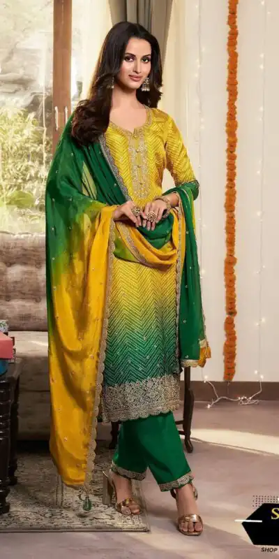 Green Chinoon Silk Embroidery Work Salwar Suit