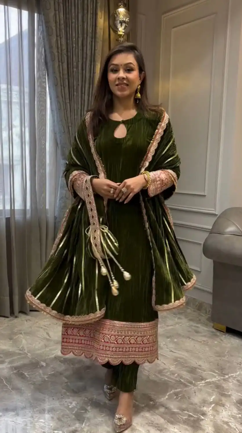 VLM 241 Mahendi in Crash Viscose Velvet Embroidery Work Salwar Suit . Affordable Price ₹2399. Delivery 4-6 Working Days. Shop now. | Jump Suits, Salwar suit, Casual Suits, Creative suits, Designer Suits, Palazzo Suits, Party Wear Suits, Patiala Suits, Straight Suits