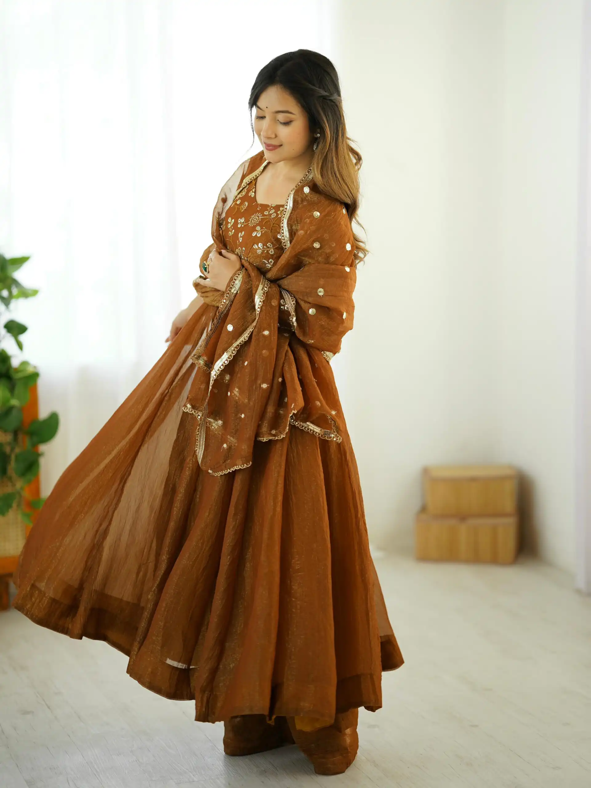 SRK 5290 Mustered Crunchy Silk Gown Perfect for Wedding, Party, Pongal, Traditional Day, Reception Get it for ₹1999. Delivery 4-6 Working Days. Shop now. | Gowns, Bollywood Gowns, Creative Gowns, Designer Gowns, Embroidered Gowns, Party Wear Gowns