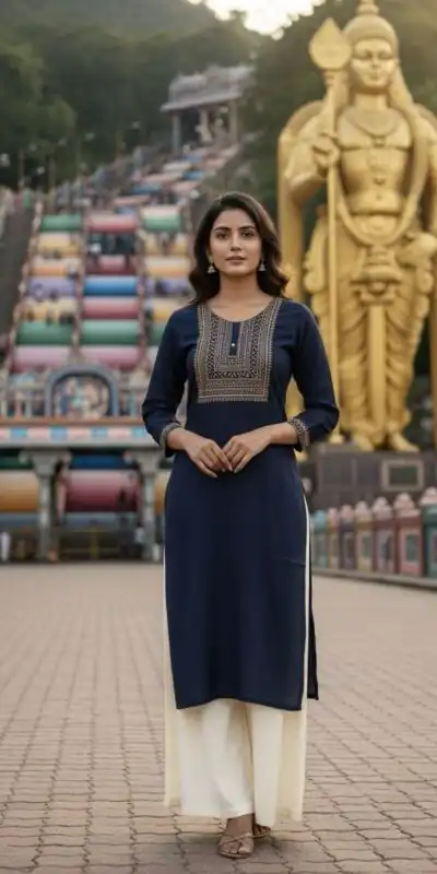 Navy Blue Rayon Embroidery Work Kurti