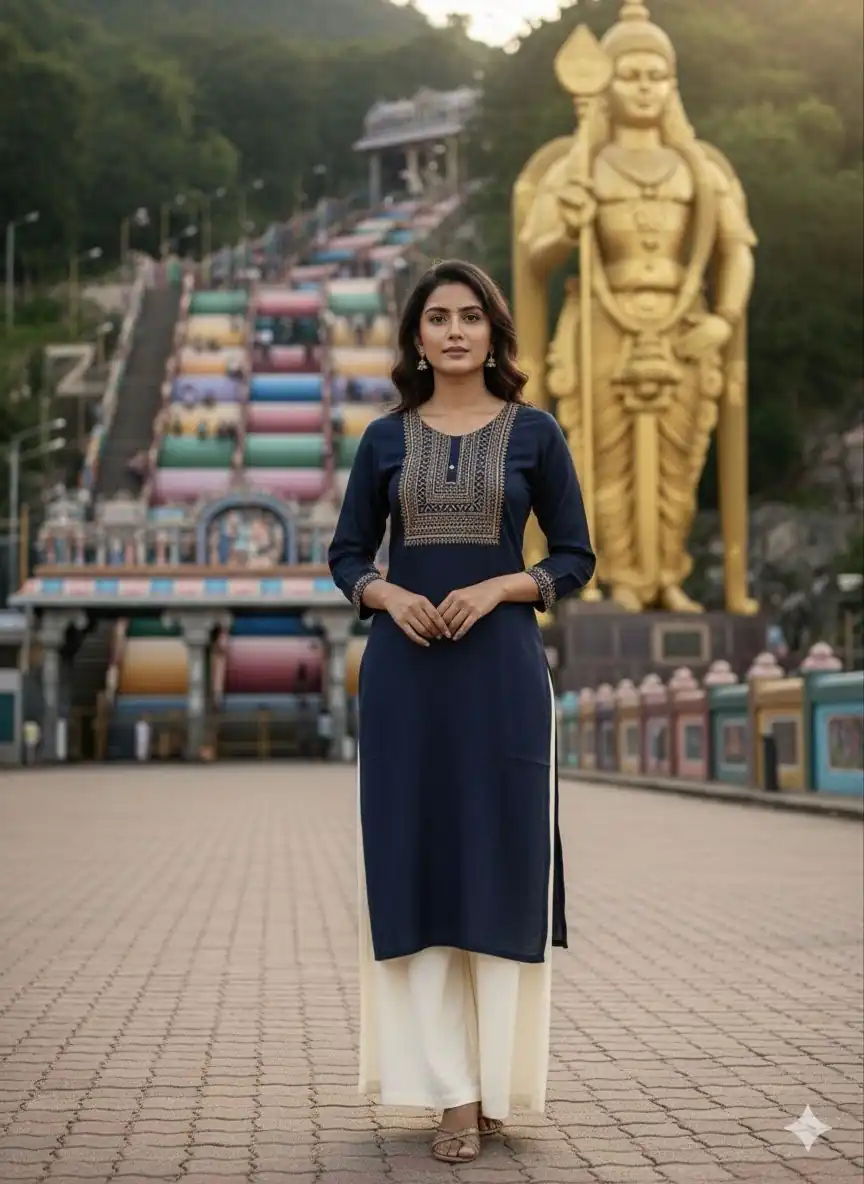 Navy Blue Rayon Embroidery Work Kurti