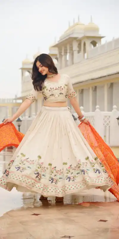 Orange Tissue Silk Embroidery Work Lehenga Choli